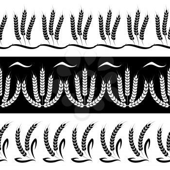 Black and white wheat branches seamless borders. Vector agriculture pattern set