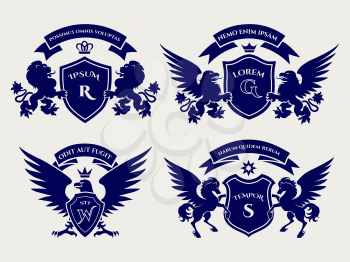 Heraldry royal symbols with horses and lions and eagles. Crests logo vector design