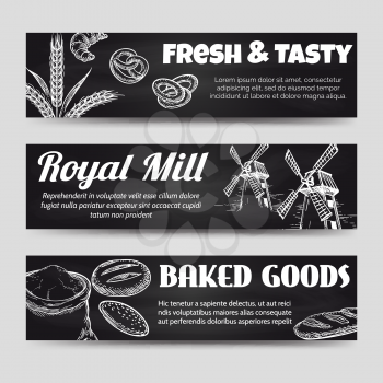 Bakery chalkboard horizontal banners template set. Vector illustration