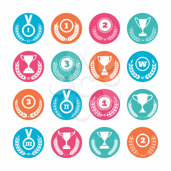 Winner cups and victory prizes with awards wreaths icons set. Vector illustration