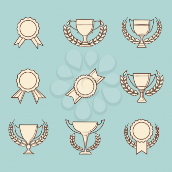 Awards icons set. Vector retro winner cups and victory prizes signs