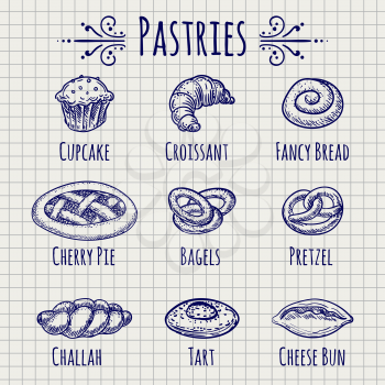 Ballpoint pen drawing bakery or pastries meal on notebook page background. Vector illustration