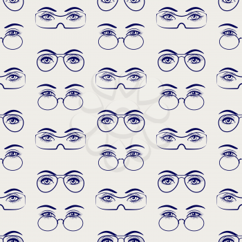 Ballpoint pen drawing female eyes with glasses seamless pattern. Vector illustration