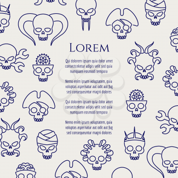 Horror poster with line cute skulls. Vector illustration
