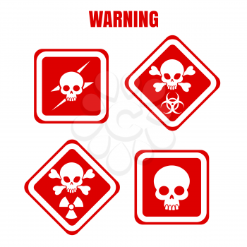 Red and white warning or danger icons with skulls. Vector illustration
