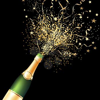 Confetti bottle champagne background. Black celebration party invitation background with opening champagne bottle with confetti and gold stars, vector illustration