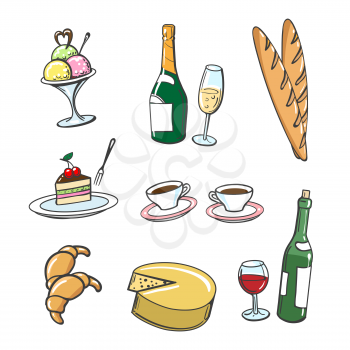 Hand drawn dessert food and drinks. Vector icons of popular french food cartoon style