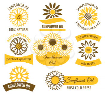 Sunflower oil logo set. Vector sunflowers sun field plants labels and emblems set