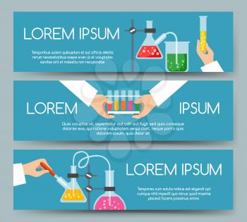 Scientist chemical laboratory working process banner set. Medical research or clinical testing concept headers with blue background