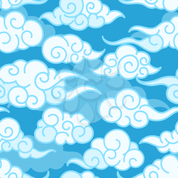 Chinese clouds pattern. Blue swirl asian wave cloud sky background, japanese clouds seamless pattern