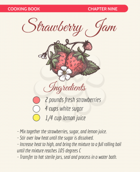 Hand drawn cooking book page with strawberry jam recipe vector illustration
