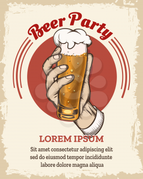 Beer retro poster. Drink party placard with beer glass and hand in vintage etching style vector illustration