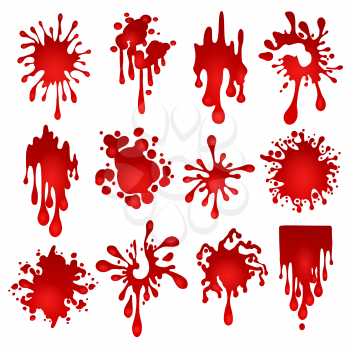 Blood blots. Blood splats vector illustration or hematic splash stain set isolated on white background