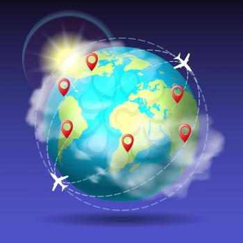 Round world trip. Around globe flights travel concept, earth with planes icons and pin elements vector illustration