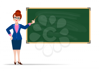 Young teacher blackboard. Cheerful woman teaching in front of black board background flat vector image, happy cartoon female character studying with chalkboard, adult happy woman seminar