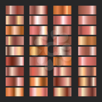 Copper gradients. Pink coppers colors vector gradient set, rose bronze metal backgrounds, beige nickel palette collection, shine glowing pattern cards metallic designes