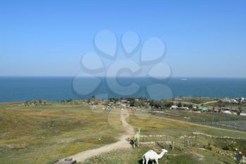 Ataman, Russia - September 26, 2015: The landscape at the Cossack village - a museum Ataman. the village and the sea view from the heights of the hill.