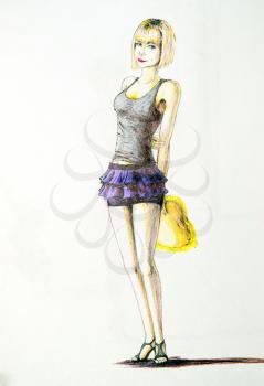 Slim blonde girl in a short skirt and a T-shirt. Pencil drawing.