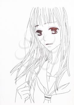 Drawing in the style of anime. Picture of a girl in the picture in the style of Japanese anime