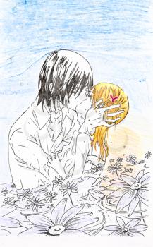 Drawing in the style of anime. Image enamored girl and the guy in the picture in the style of Japanese anime.