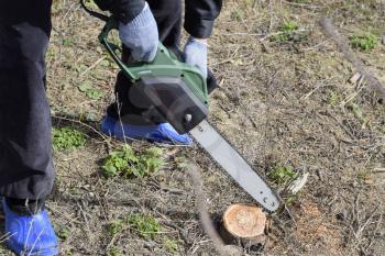 A man cut down an electric saw. The stump of saw cut branches.