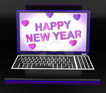 Happy New Year Laptop Message Showing Online Greeting