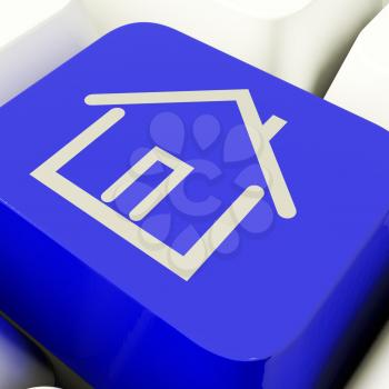 House Symbol Computer Key In Blue Showing Real Estate Or Rental