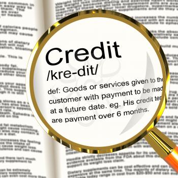Credit Definition Magnifier Shows Cashless Payment Or Loan