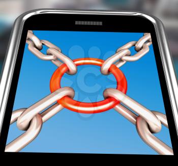 Chains Joint On Smartphone Showing Security Unity And Strong Connection