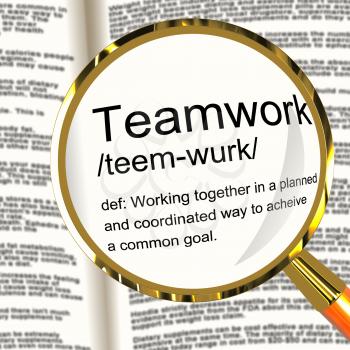 Teamwork Definition Magnifier Shows Combined Effort And Cooperation