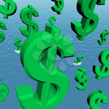 Dollar Symbols Falling In The Ocean Showing Depression Recession And Economic Downturns 