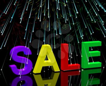 Sale Word And Fireworks Showing Promotion Discount And Price Reductions