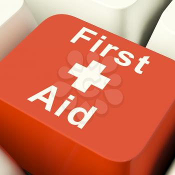First Aid Computer Red Key Showing Emergency Medical Help