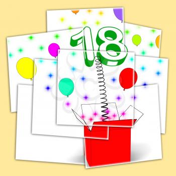 Number Eighteen Surprise Box Displaying Party Decorations And Sparkling Balloons