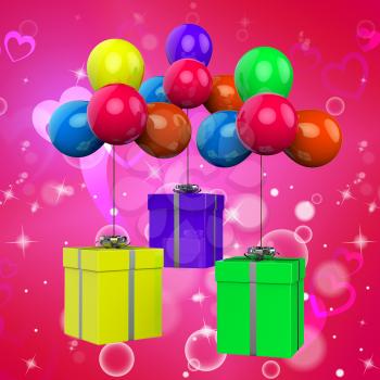Balloons With Presents Showing Birthday Party Decoration And Gifts