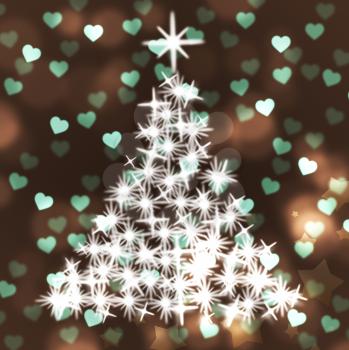 Green Xmas Tree Indicating Glowing Christmas And Stars