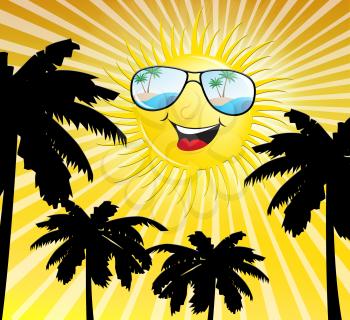 Smiling Sun And Palm Trees Shows Hot Weather 3d Illustration