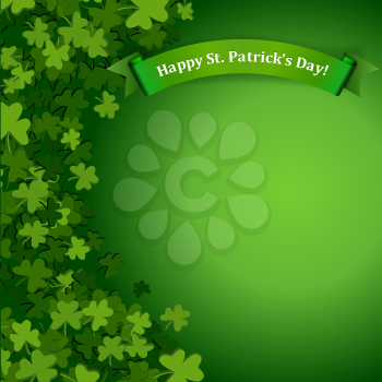 Abstract St. Patrick's Day background with falling clover leaves and banner, vector illustration