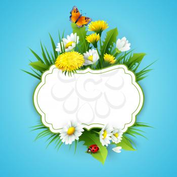 Fresh spring background with grass, dandelions and daisies. Vector