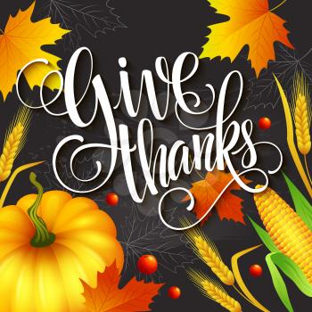 Hand drawn thanksgiving greeting card with leaves, pumpkin and spica. Vector illustration EPS 10