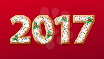 New Year 2017 in shape of gingerbread number as cookies. Vector illustration EPS10