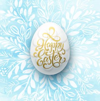 Happy Easter Lettering on the watercolor wreath with eggs hand drawn background. Vector illustration EPS10