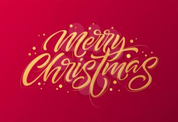 Golden text on dark red background. Merry Christmas lettering for invitation and greeting card, prints and posters. Hand drawn inscription, calligraphic design. Vector illustration EPS10