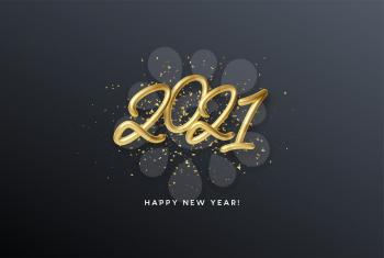 2021 realistic golden metallic inscription on a black background with gold glitter sparkles. Vector illustration EPS10