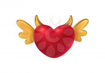 Red shiny heart shape with golden wings and horns. Concept symbol for Happy Valentines Day. Vector illustration EPS10