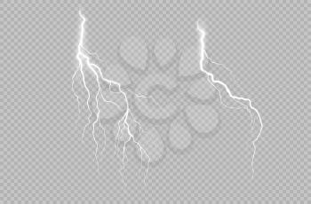 Realistic collection with lightning thunderstorm on transparent background. Realistic vector vector set thunderbolt flare. Lightning thunderstorm Explosion effect. Vector illustration EPS10