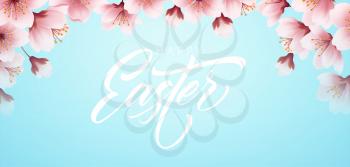 Happy Easter handwriting lettering on background with blooming spring cherry branch. Vector illustration EPS10