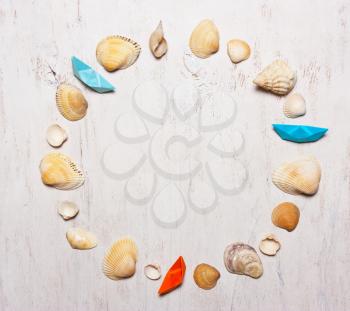 pattern, composition of shells on a white background, top view.
  Overhead view