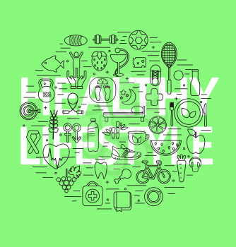 Healthy lifestyle concept in line design on green background. Vector illustration.