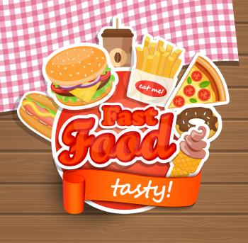Fast food elements, Typographical Design Label or Sticer - burgers, pizza, coffee, hot dog, ice cream, doughnut, fries - Design Template. Vector illustration.